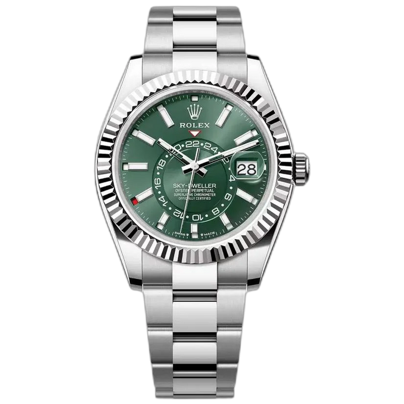 Rolex Sky-Dweller 42mm Oyster Bracelet Oystersteel and White Gold with Mint Green Dial Fluted Bezel