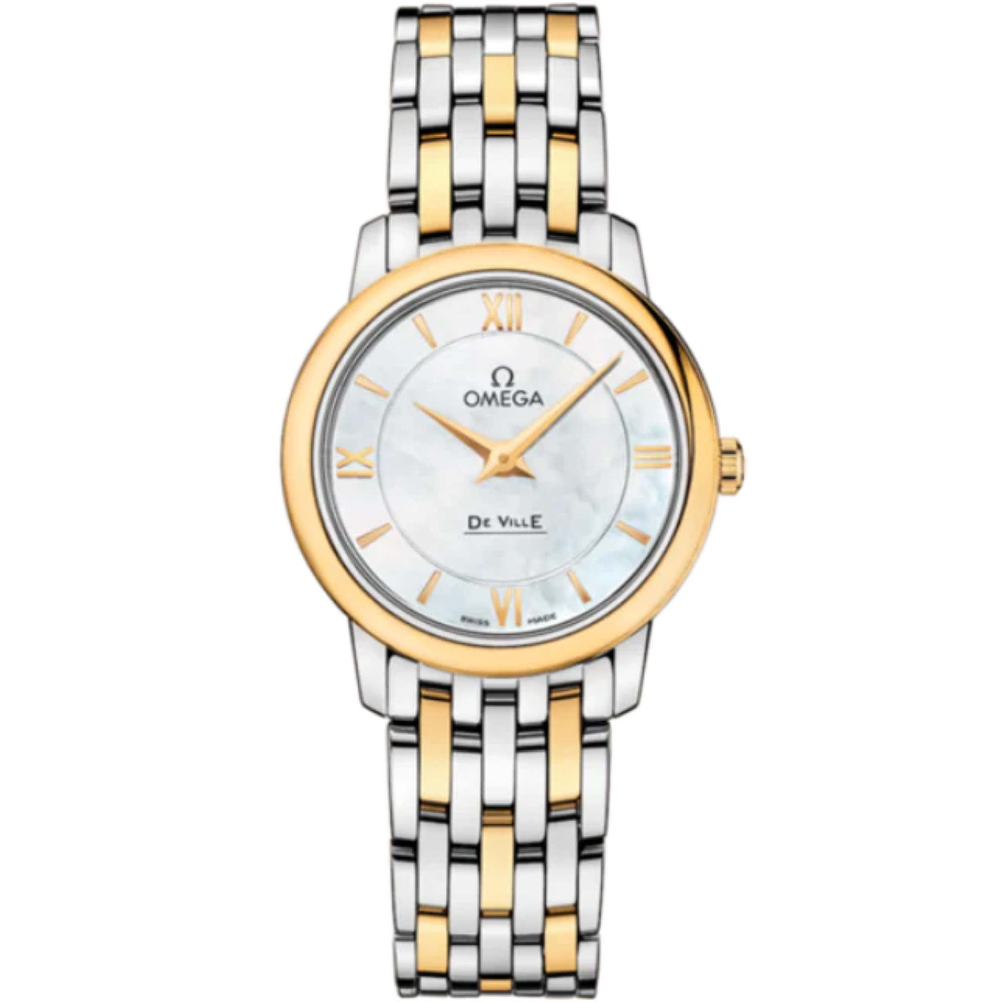 DE VILLE PRESTIGE 27 MM STAINLESS STEEL - YELLOW GOLD WITH MOTHER OF PEARL DIAL - Omega