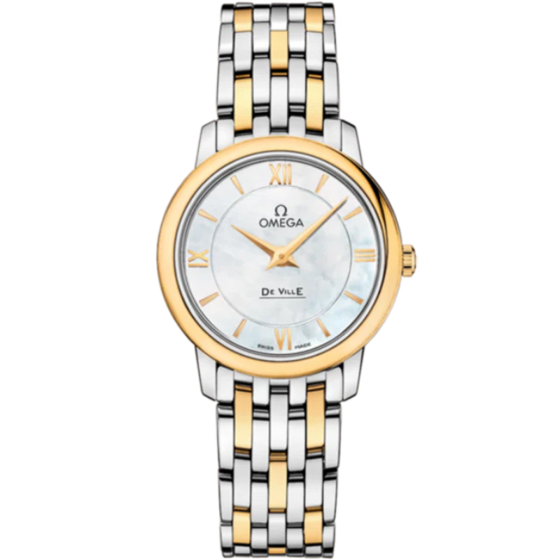 DE VILLE PRESTIGE 27 MM STAINLESS STEEL - YELLOW GOLD WITH MOTHER OF PEARL DIAL - Omega