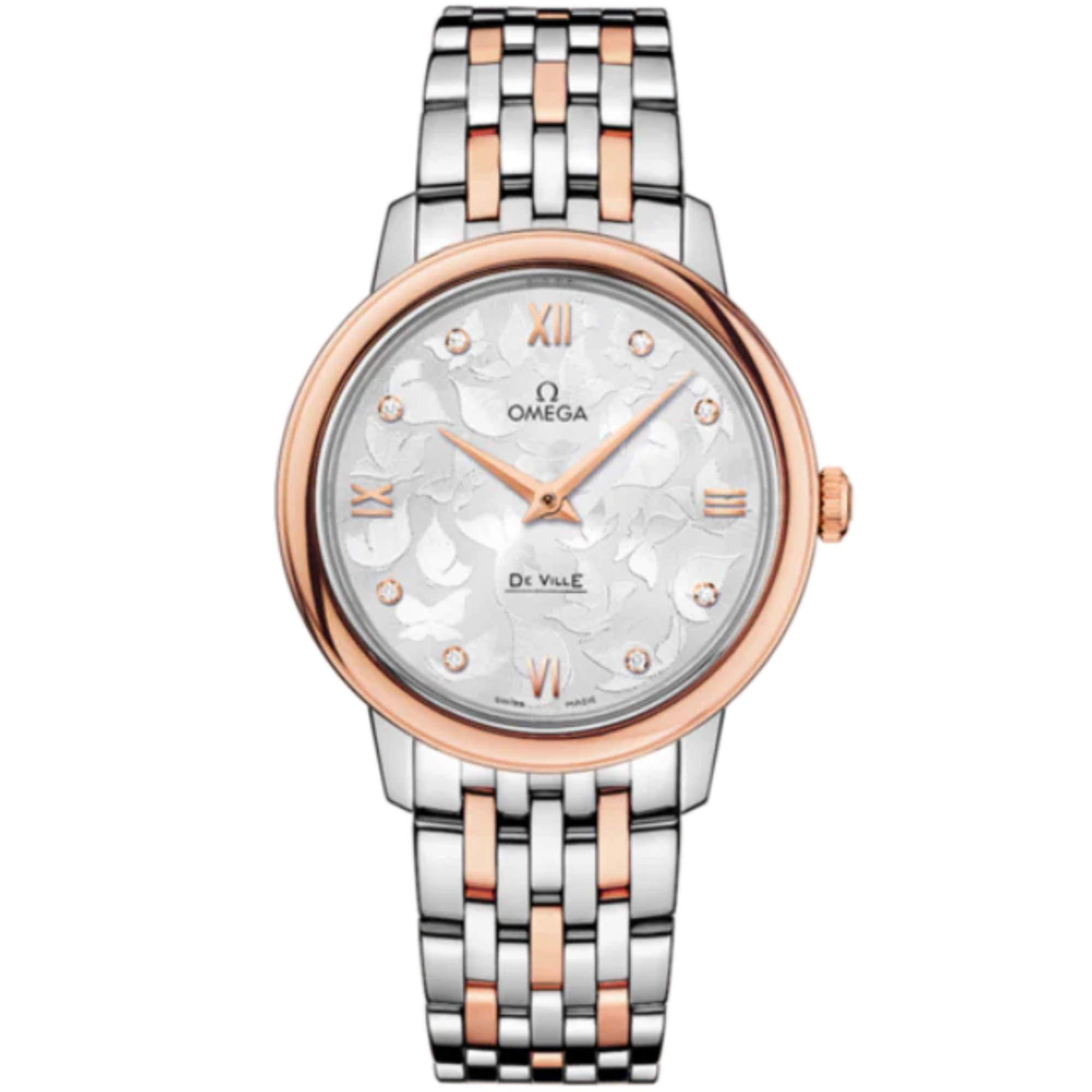 DE VILLE PRESTIGE BUTTERFLY 33 MM STAINLESS STEEL - RED GOLD WITH SILVER DIAL - Omega