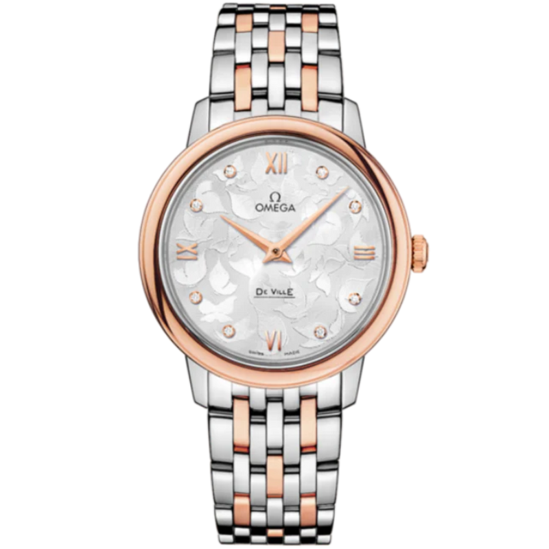 DE VILLE PRESTIGE BUTTERFLY 33 MM STAINLESS STEEL - RED GOLD WITH SILVER DIAL - Omega