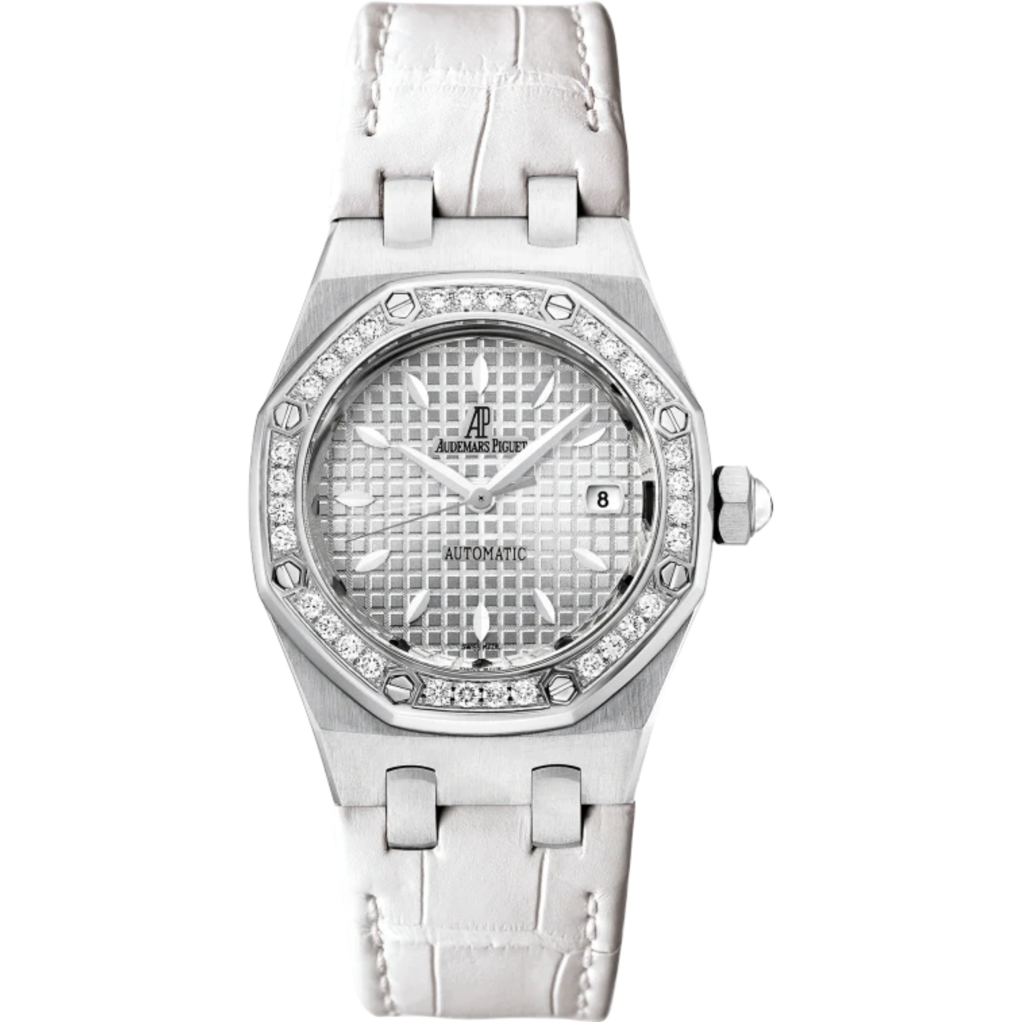 Royal Oak Selfwinding 33MM White Alligator Strap Silver-Toned Dial With Grande Tapisserie Pattern Stainless Steel Case Bezel Set With Brilliant-Cut Diamonds - Audemars Piguet