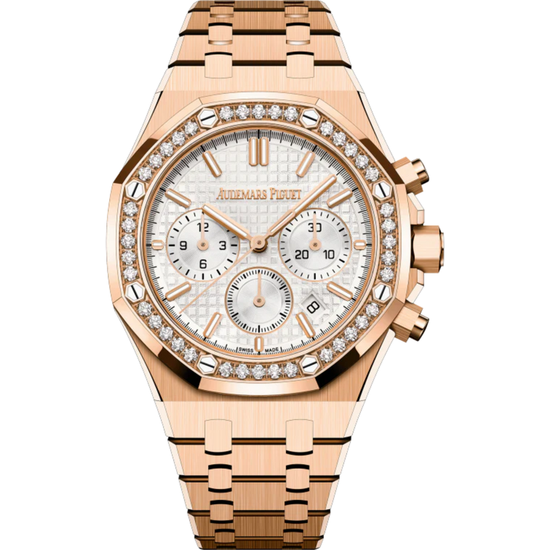 Royal Oak Selfwinding Chronograph 38MM 18-Carat Pink Gold Bracelet Silver-Toned Dial With Grande Tapisserie Pattern 18-Carat Pink Gold Case - Audemars Piguet