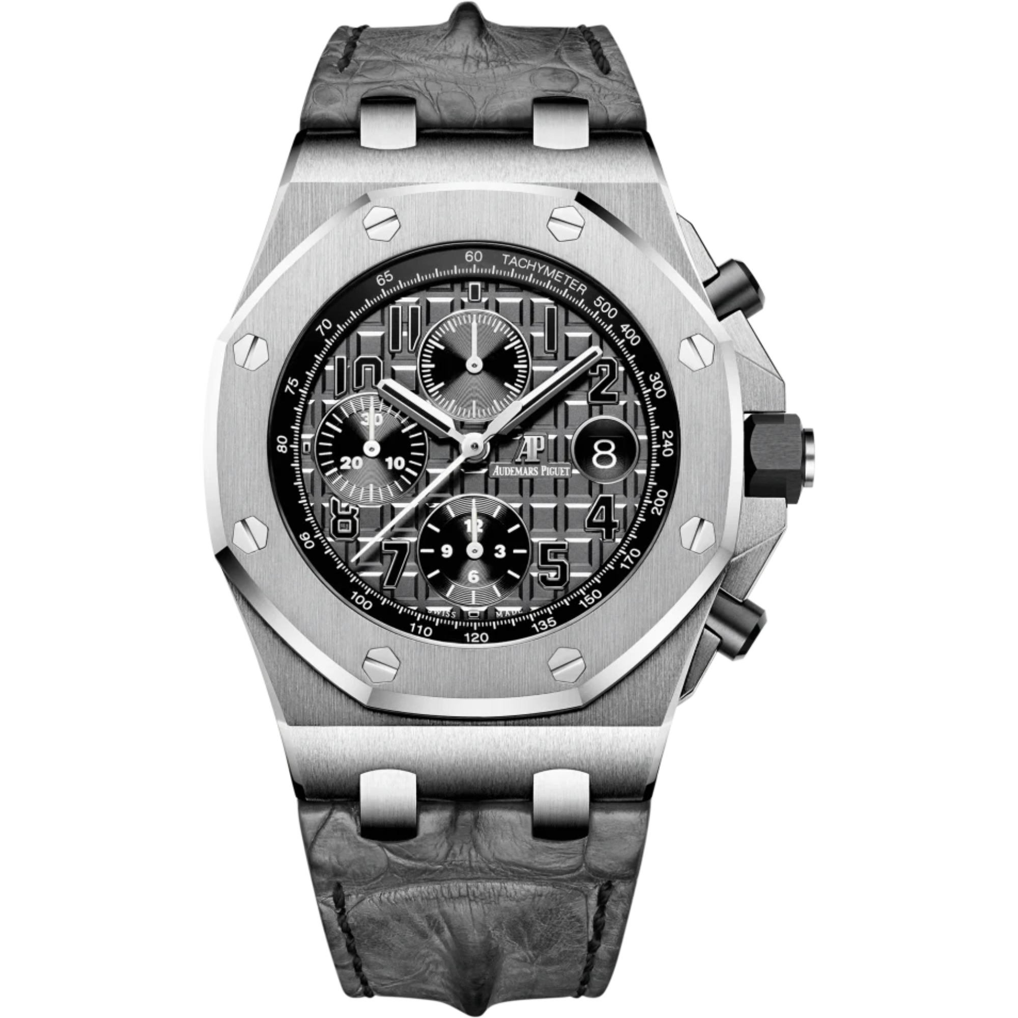 Royal Oak Offshore Chronograph 42MM Grey Leather Strap Grey Dial With Méga Tapisserie Pattern Stainless Steel Case - Audemars Piguet