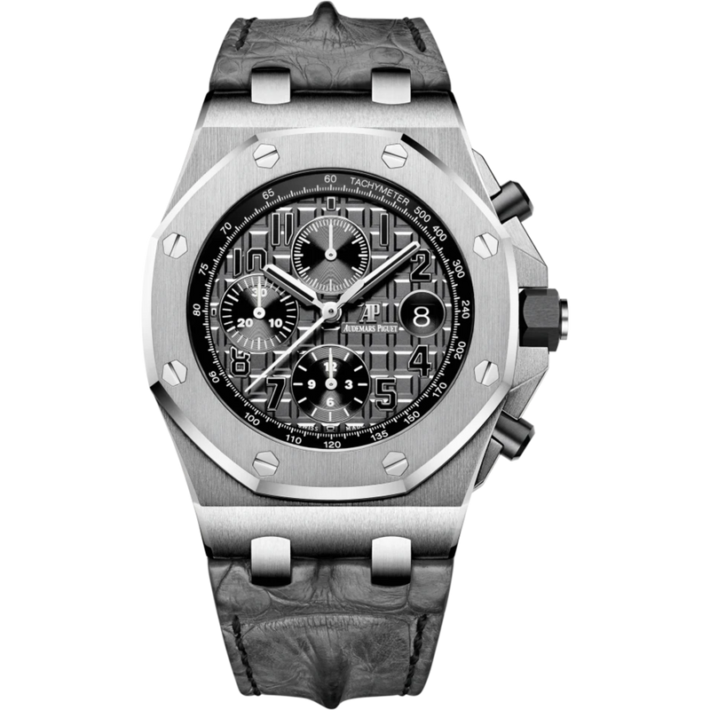 Royal Oak Offshore Chronograph 42MM Grey Leather Strap Grey Dial With Méga Tapisserie Pattern Stainless Steel Case - Audemars Piguet