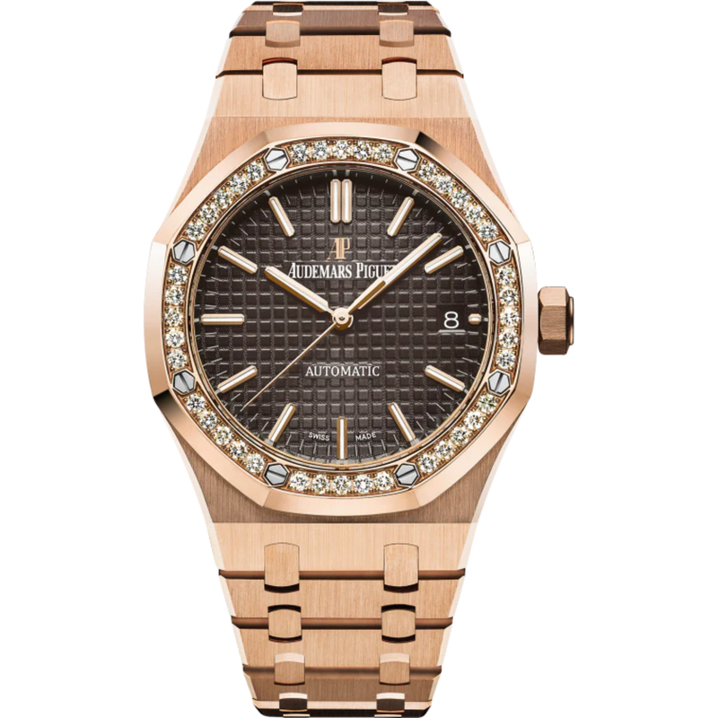 Royal Oak Selfwinding 37MM 18-Carat Pink Gold Bracelet Brown Dial With Grande Tapisserie Pattern 18-Carat Pink Gold Case Diamond-Set Bezel - Audemars Piguet