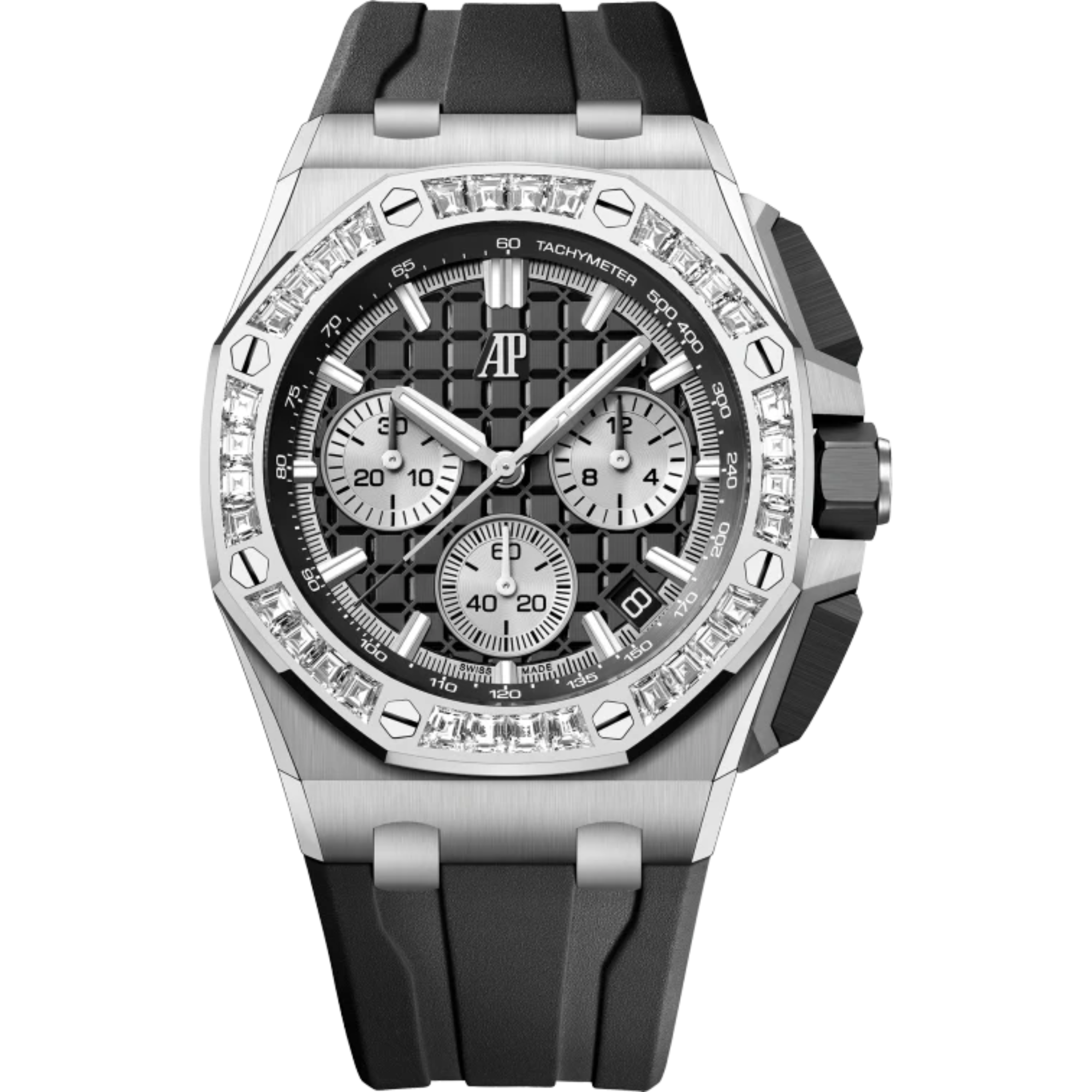 Royal Oak Offshore Selfwinding Chronograph 43MM Black Rubber Strap Black Dial With Méga Tapisserie Pattern 18-Carat White Gold Case Bezel Set With Baguette-Cut Diamonds - Audemars Piguet
