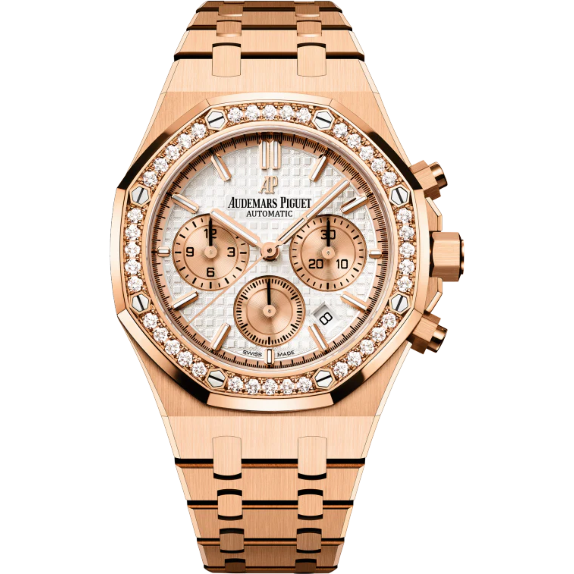 Royal Oak Selfwinding Chronograph 38MM 18-Carat Pink Gold Bracelet Silver-Toned Dial With Grande Tapisserie Pattern 18-Carat Pink Gold Case With Brilliant-Cut Diamonds - Audemars Piguet