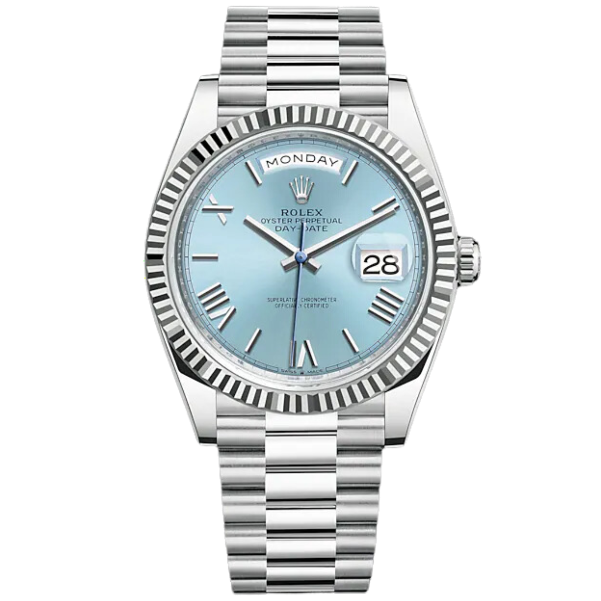 Day-Date 40 40mm President Bracelet Platinum with Ice-Blue Dial and Fluted Bezel - Rolex