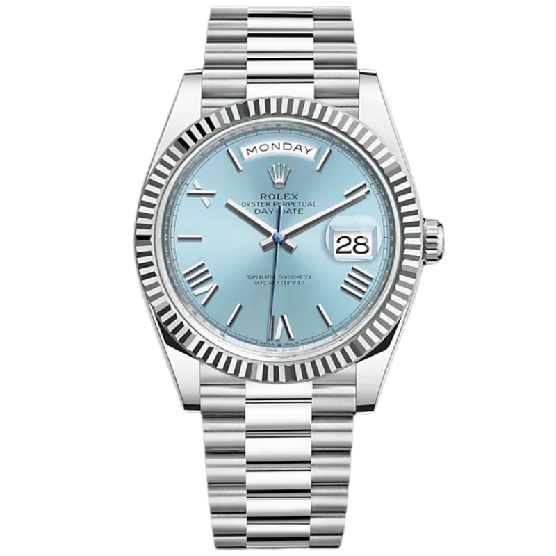 Day-Date 40 40mm President Bracelet Platinum with Ice-Blue Dial and Fluted Bezel - Rolex