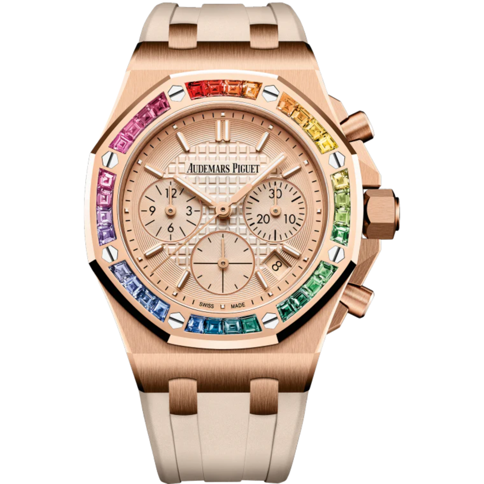 Royal Oak Offshore Selfwinding Chronograph 37MM Beige Rubber Strap Smoked Pink Gold-Toned Dial With Lady Tapisserie Pattern 18-Carat Pink Gold Case Bezel Set With Baguette-Cut Rainbow-Coloured Sapphires - Audemars Piguet