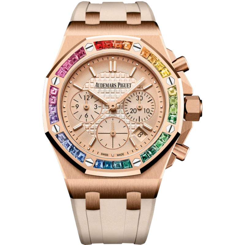 Royal Oak Offshore Selfwinding Chronograph 37MM Beige Rubber Strap Smoked Pink Gold-Toned Dial With Lady Tapisserie Pattern 18-Carat Pink Gold Case Bezel Set With Baguette-Cut Rainbow-Coloured Sapphires - Audemars Piguet