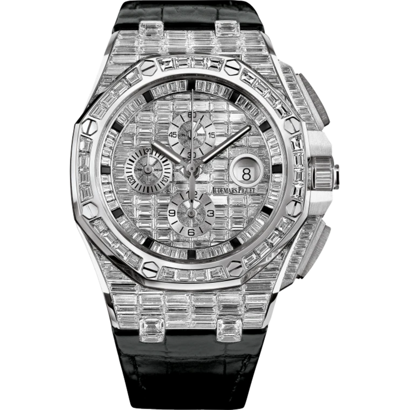 Royal Oak Offshore Chronograph 44MM Black Alligator Strap 18-Carat White Gold Dial Paved With Baguette-Cut Diamonds 18-Carat White Gold Case Entirely Set With Baguette-Cut Diamonds - Audemars Piguet