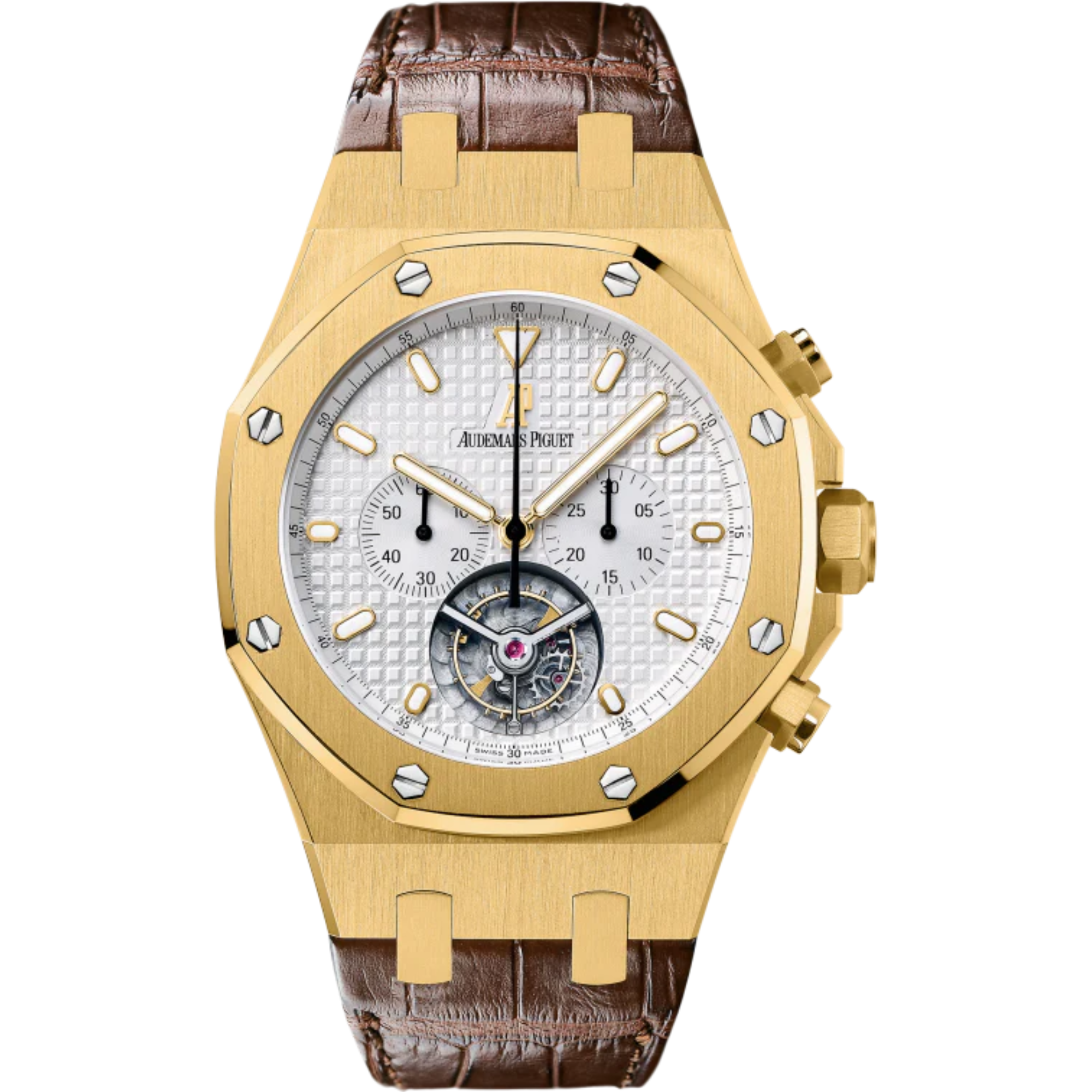 Royal Oak Tourbillon Chronograph 44MM Brown Alligator Strap Silver-Toned Dial With Grande Tapisserie Pattern 18-Carat Yellow Gold Case - Audemars Piguet