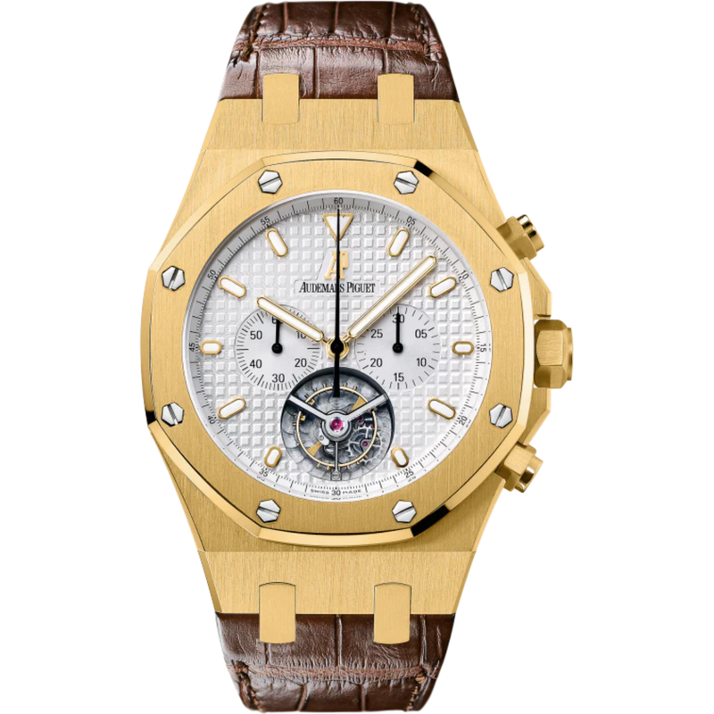 Royal Oak Tourbillon Chronograph 44MM Brown Alligator Strap Silver-Toned Dial With Grande Tapisserie Pattern 18-Carat Yellow Gold Case - Audemars Piguet