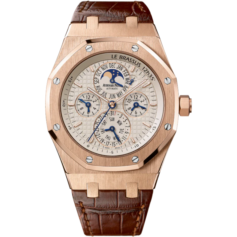 Royal Oak Equation of Time 42MM Brown Alligator Strap Silver-Toned Dial With Grande Tapisserie Pattern 18-Carat Pink Gold Case - Audemars Piguet