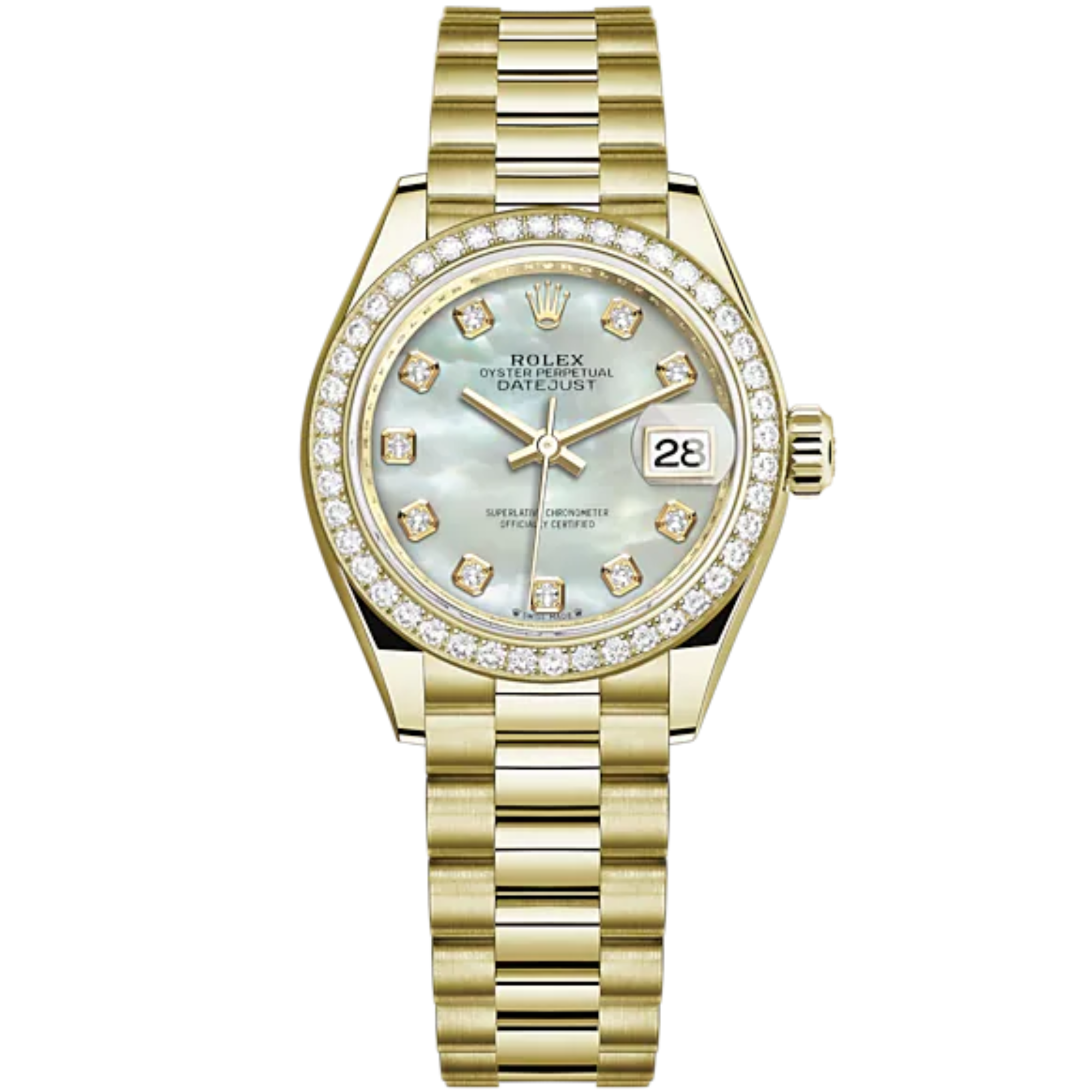 Lady-DateJust 28mm President Bracelet and 18 KT Yellow Gold with White Mother-of Pearl Dial Diamond-Set Dial and Diamond-Set Bezel - Rolex