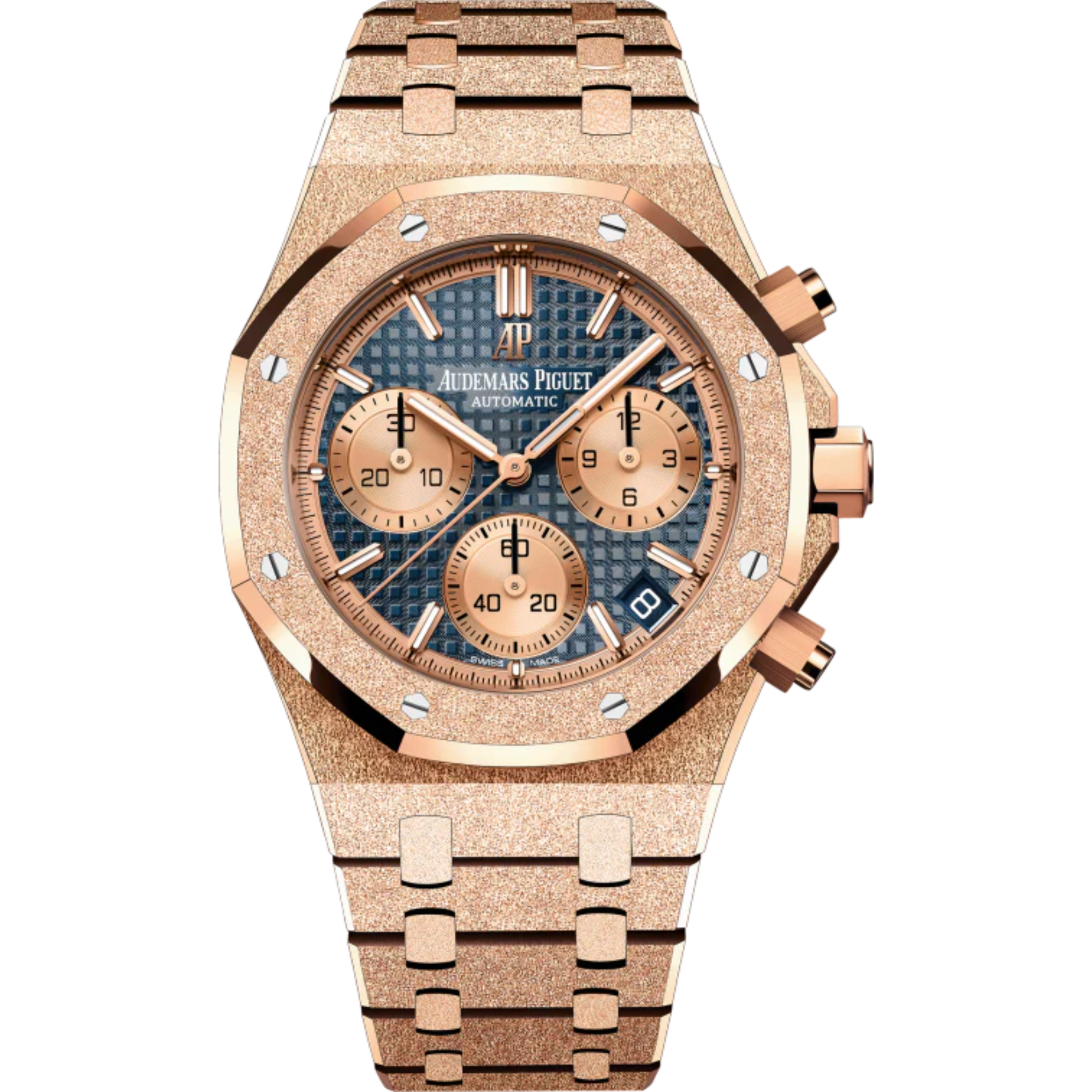 Royal Oak Frosted Gold Selfwinding Chronograph 41MM Hammered 18-Carat Pink Gold Bracelet Blue Dial With Grande Tapisserie Pattern Hammered 18-Carat Pink Gold Case - Audemars Piguet