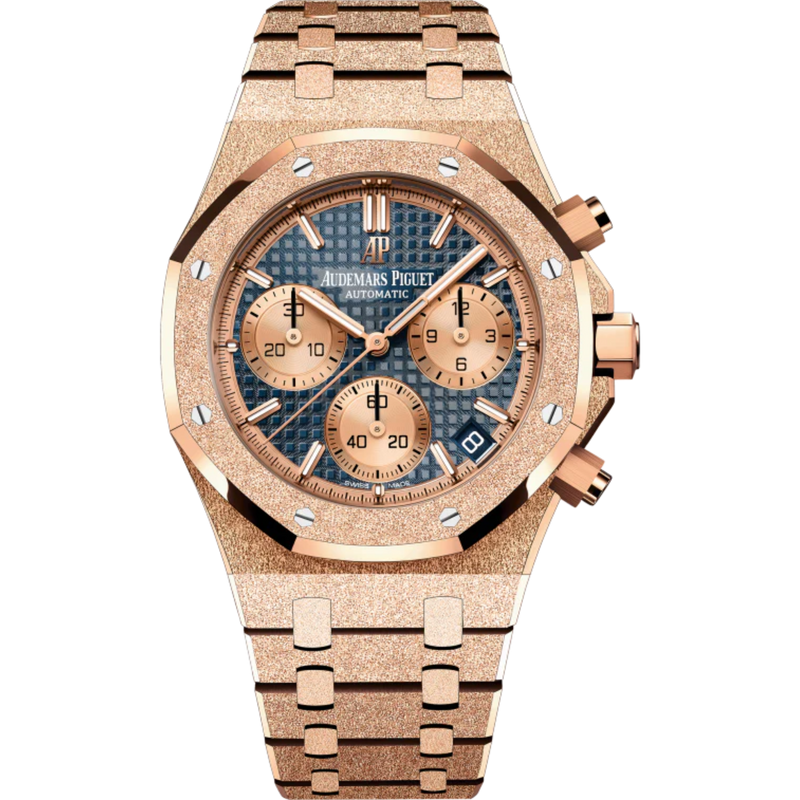 Royal Oak Frosted Gold Selfwinding Chronograph 41MM Hammered 18-Carat Pink Gold Bracelet Blue Dial With Grande Tapisserie Pattern Hammered 18-Carat Pink Gold Case - Audemars Piguet
