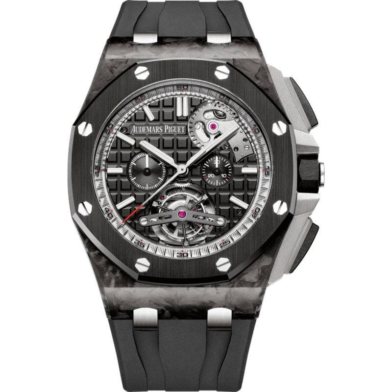 Royal Oak Offshore Tourbillon Chronograph 44MM Black Rubber Black Dial With Méga Tapisserie Pattern Forged Carbon Case Black Ceramic Bezel - Audemars Piguet