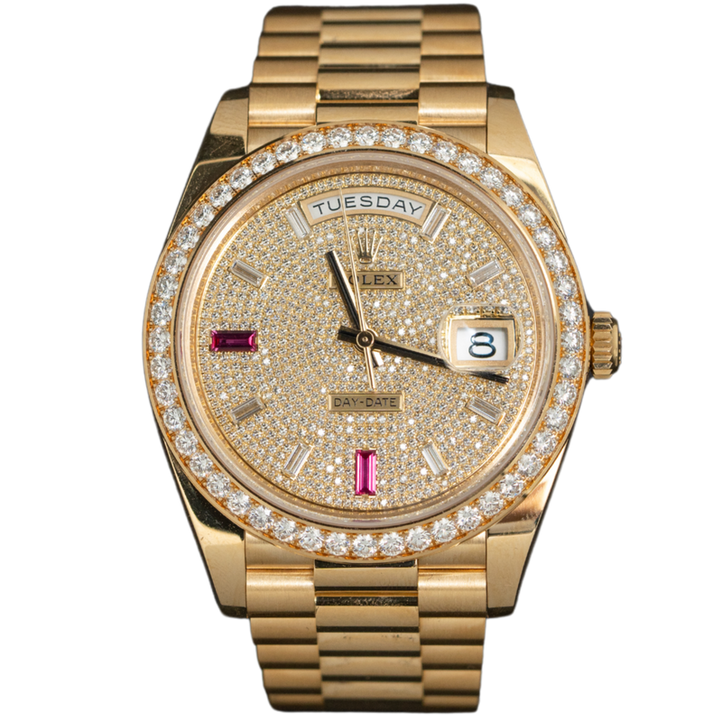 Rolex Day Date Ref. 228348RBR Yellow Gold Pave Dial/Ruby Indices with Baguette Bezel/Markers - Rolex