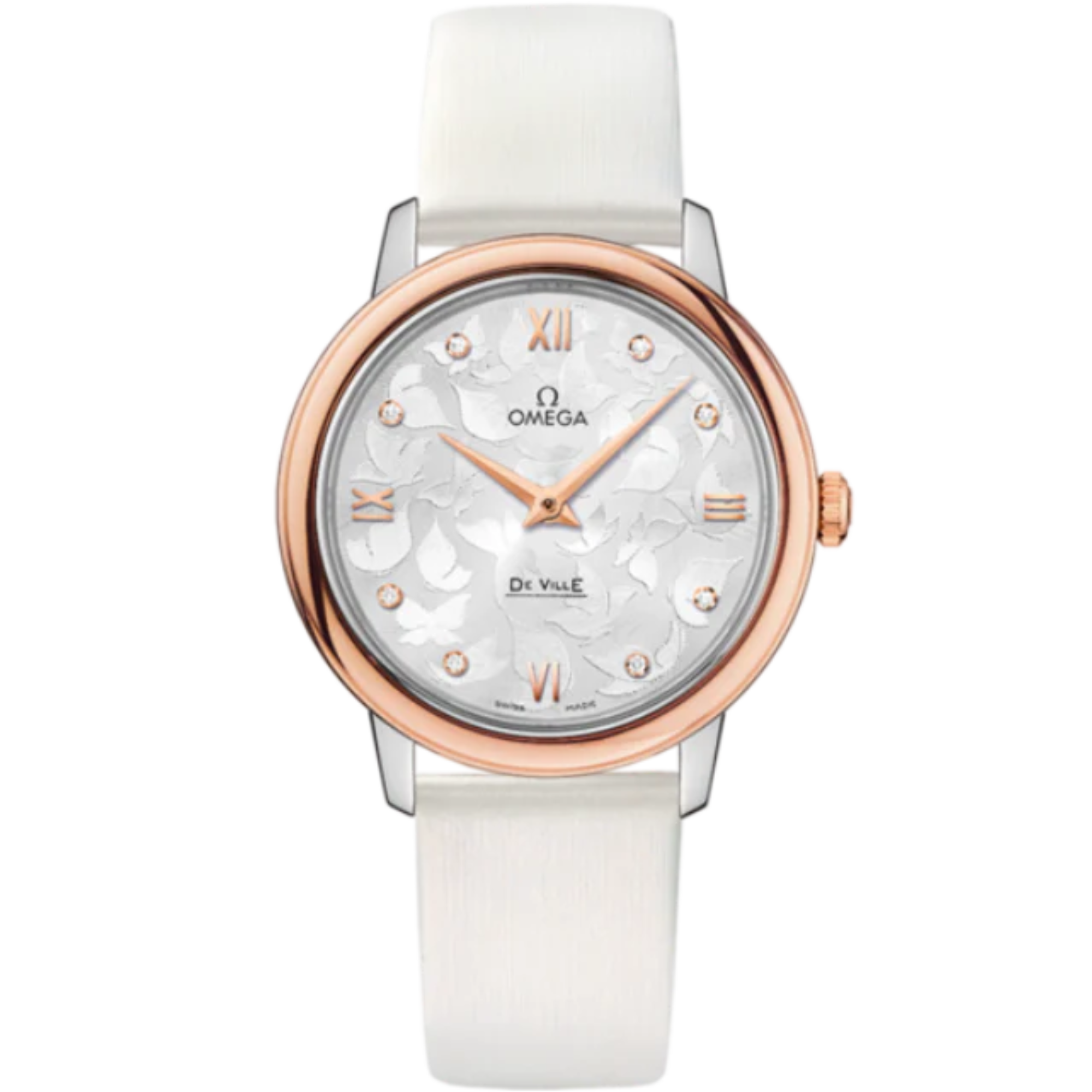 DE VILLE PRESTIGE BUTTERFLY 33 MM STAINLESS STEEL - RED GOLD WITH SILVER DIAL - Omega