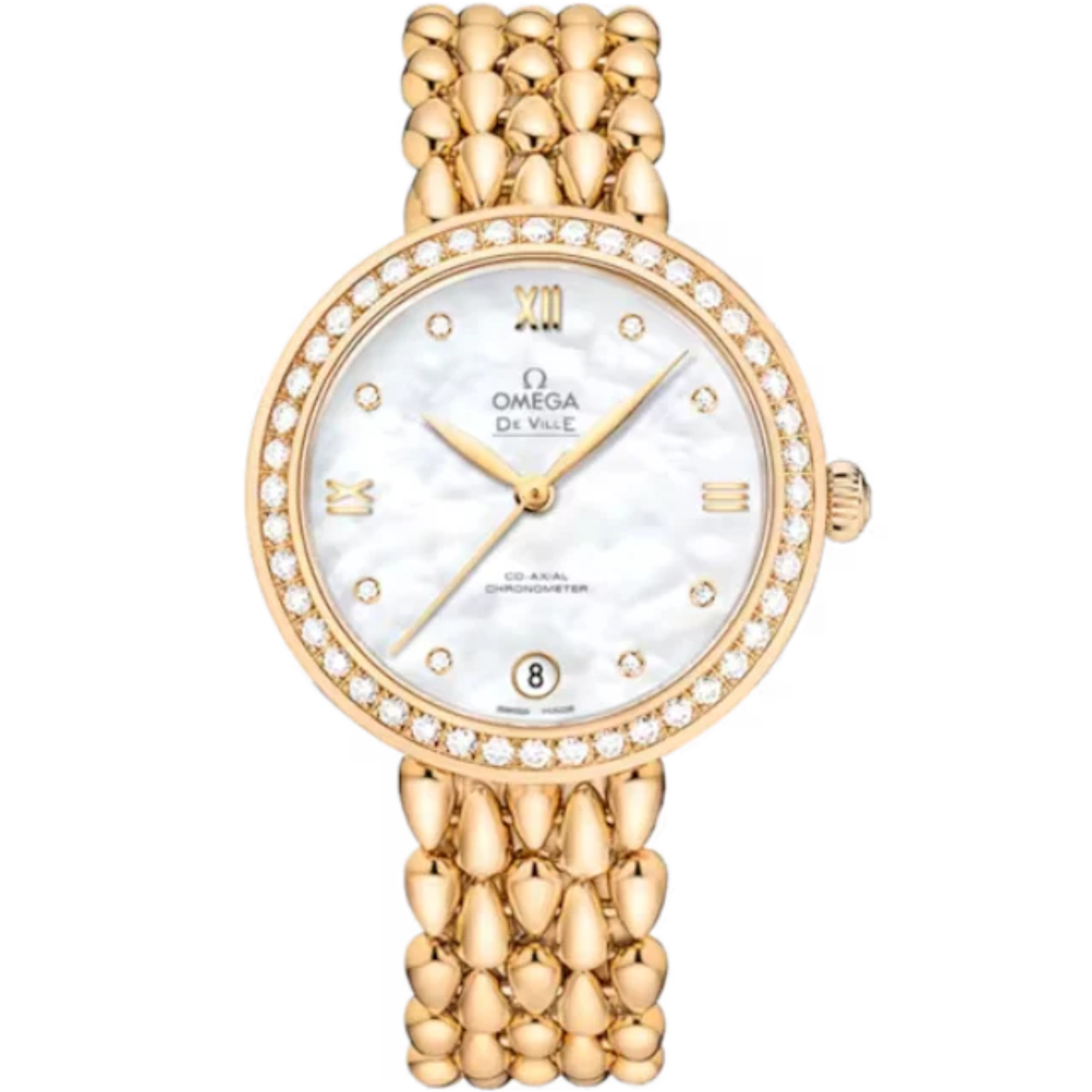 DE VILLE PRESTIGE DEWDROP 33 MM YELLOW GOLD WITH MOTHER OF PEARL DIAL - Omega