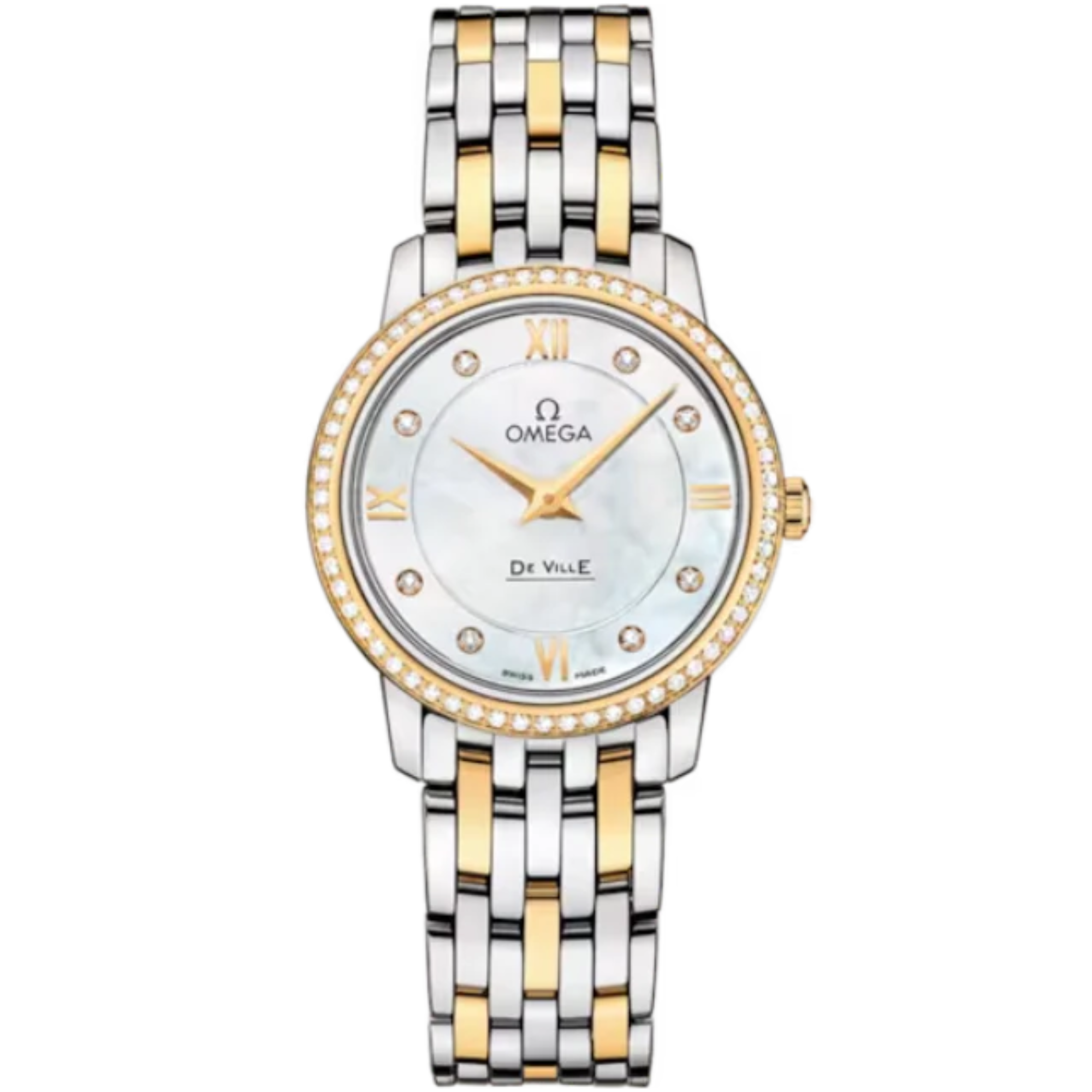 DE VILLE PRESTIGE 27 MM STAINLESS STEEL - YELLOW GOLD WITH MOTHER OF PEARL DIAL - Omega