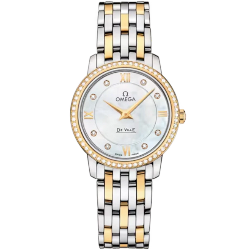 DE VILLE PRESTIGE 27 MM STAINLESS STEEL - YELLOW GOLD WITH MOTHER OF PEARL DIAL - Omega