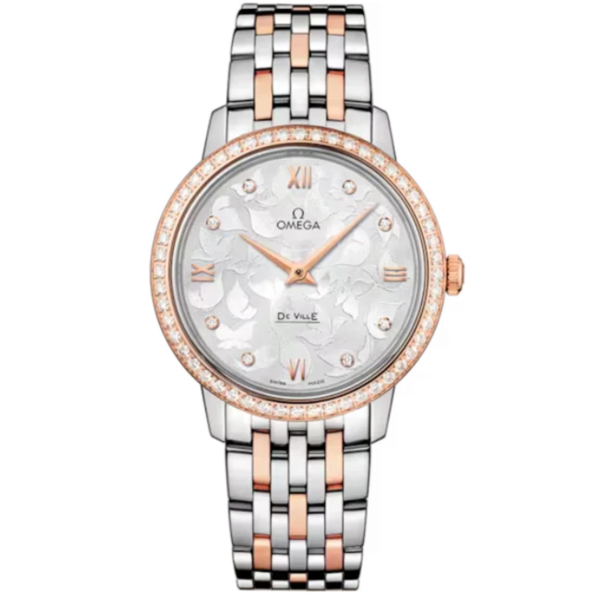 DE VILLE PRESTIGE BUTTERFLY 33 MM STAINLESS STEEL - RED GOLD WITH SILVER DIAL - Omega