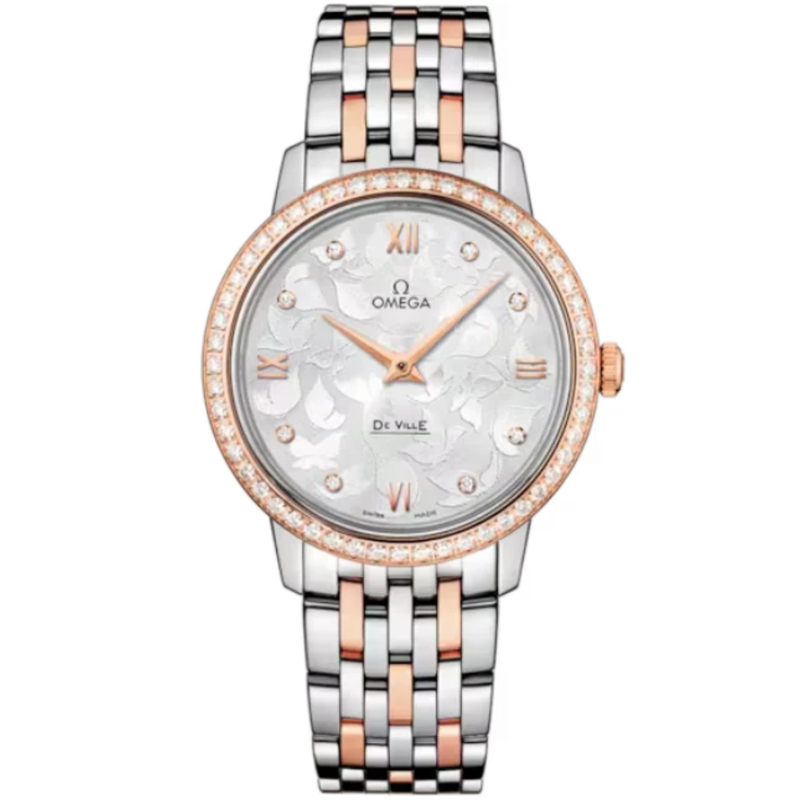 DE VILLE PRESTIGE BUTTERFLY 33 MM STAINLESS STEEL - RED GOLD WITH SILVER DIAL - Omega