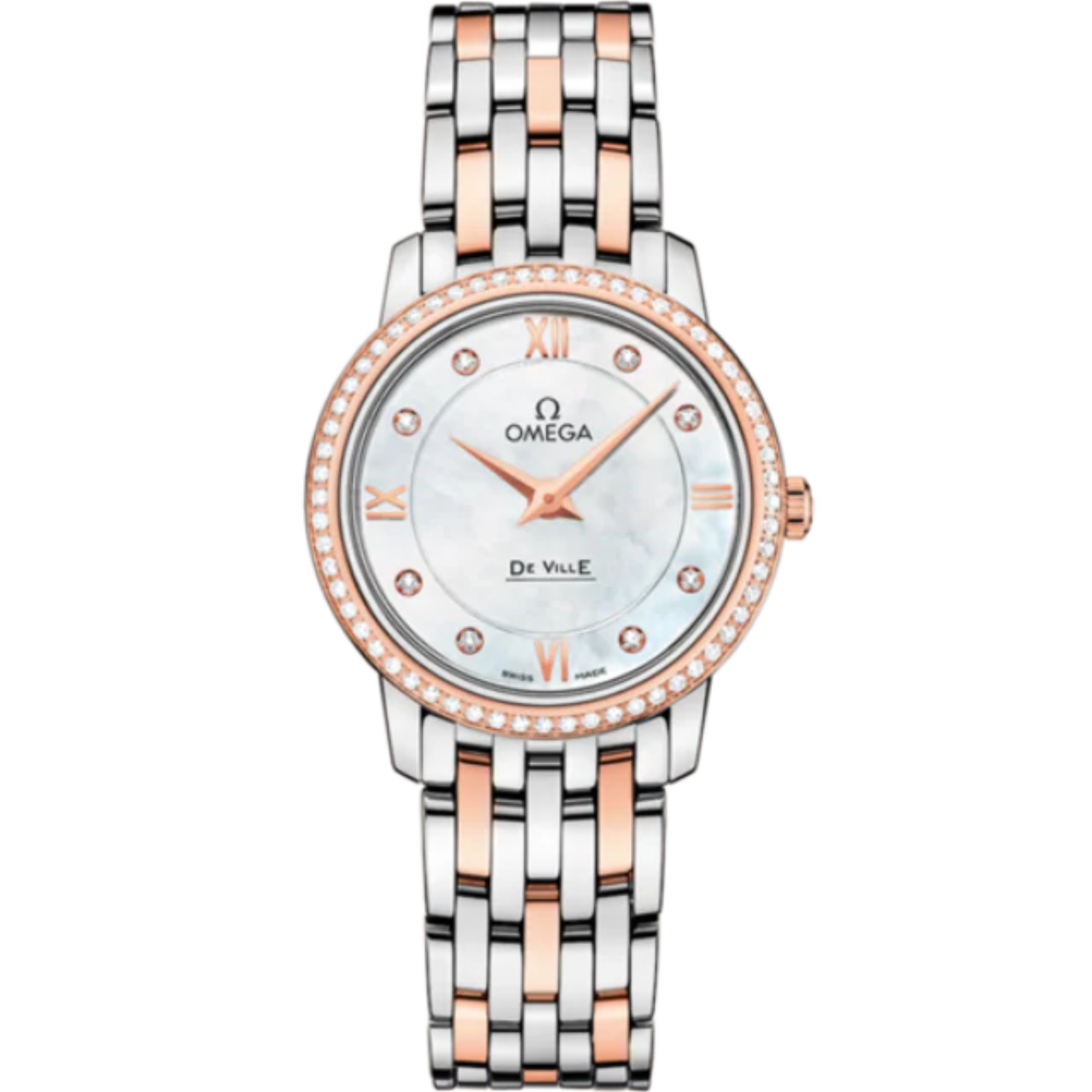 DE VILLE PRESTIGE 27 MM STAINLESS STEEL - RED GOLD WITH MOTHER OF PEARL DIAL - Omega