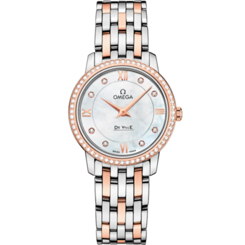 DE VILLE PRESTIGE 27 MM STAINLESS STEEL - RED GOLD WITH MOTHER OF PEARL DIAL - Omega
