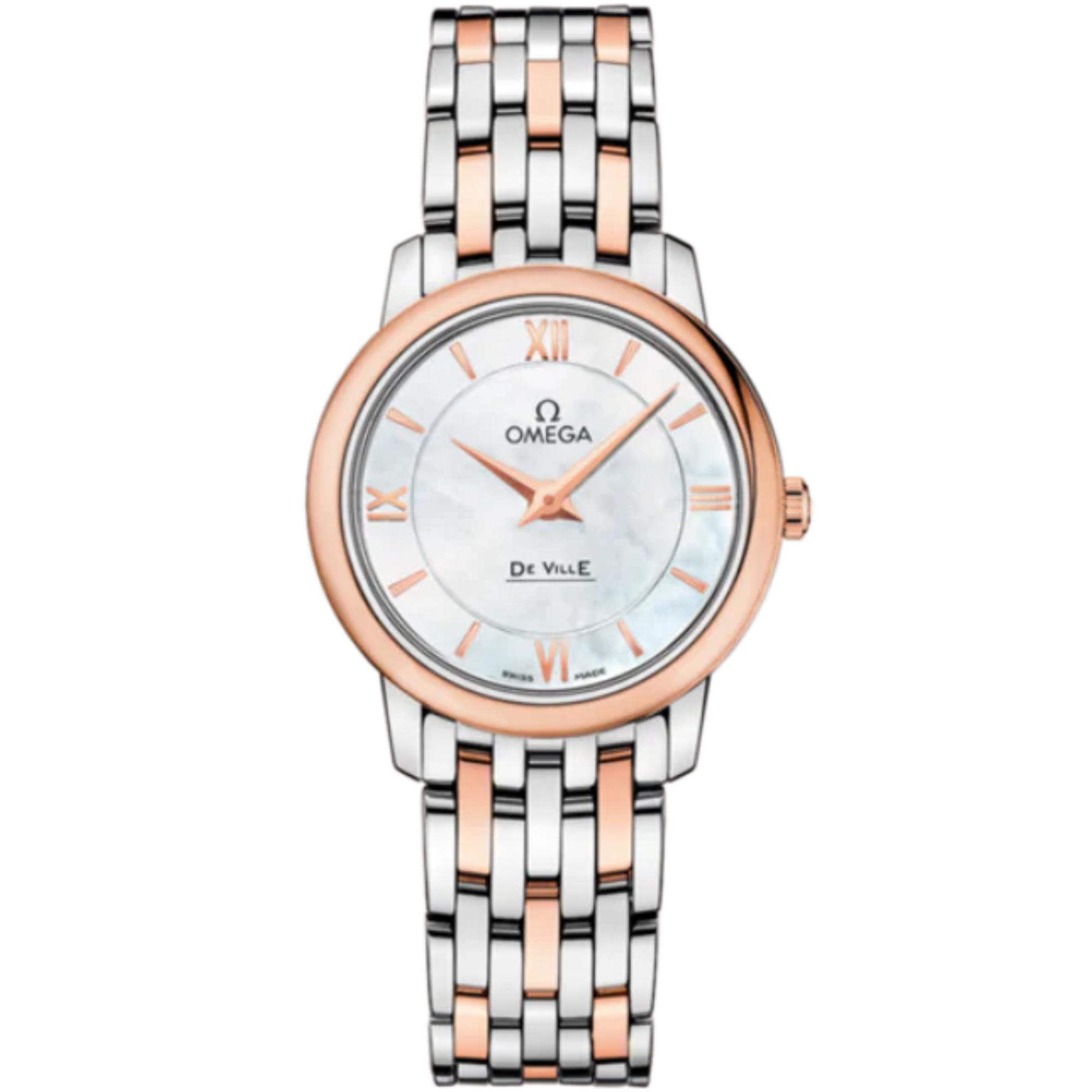 DE VILLE PRESTIGE 27 MM STAINLESS STEEL - RED GOLD WITH MOTHER OF PEARL DIAL - Omega