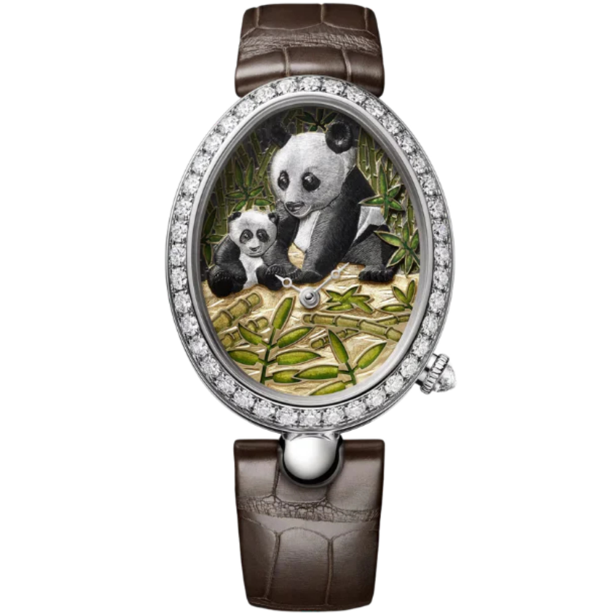 REINE DE NAPLE 8958 "PANDA" 40 MM 18K WHITE GOLD WITH GREEN "GRAND FEU" ENAMEL DIAL - Chopard