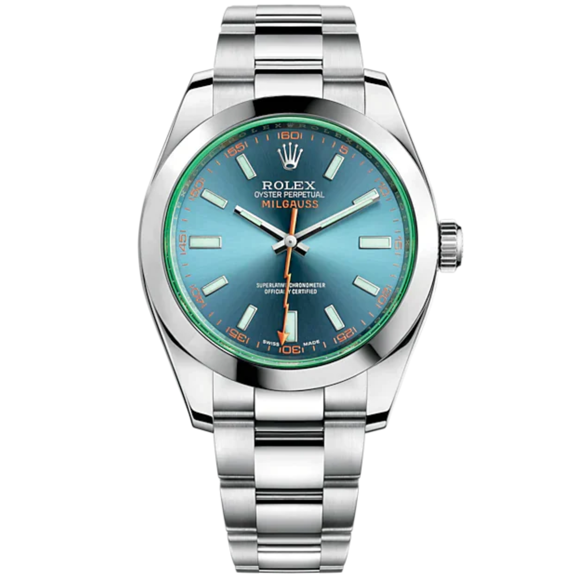 Milgauss 40mm Oyster Bracelet Oystersteel and Green Sapphire Crystal with Z-Blue Dial Smooth Bezel - Rolex