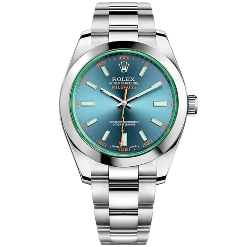 Milgauss 40mm Oyster Bracelet Oystersteel and Green Sapphire Crystal with Z-Blue Dial Smooth Bezel - Rolex