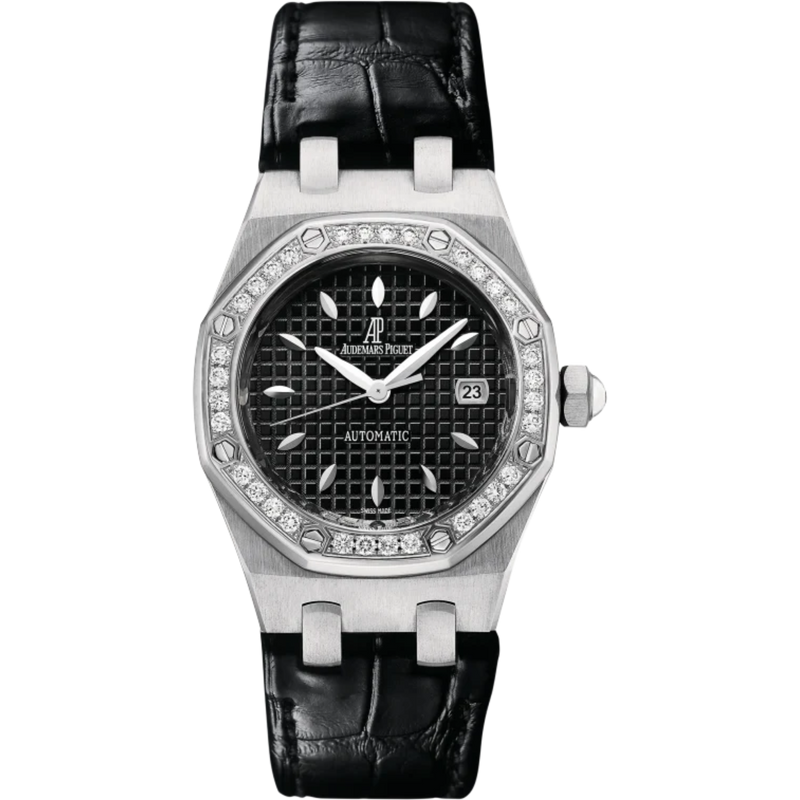 Royal Oak Selfwinding 33MM Black Alligator Strap Black Dial With Grande Tapisserie Pattern Stainless Steel Case Bezel Set With Brilliant-Cut Diamonds - Audemars Piguet