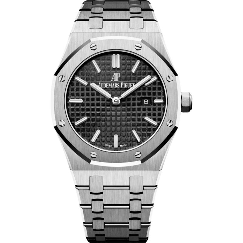 Royal Oak Quartz 33MM Stainless Steel Bracelet Black Dial With Grande Tapisserie Pattern Stainless Steel Case - Audemars Piguet