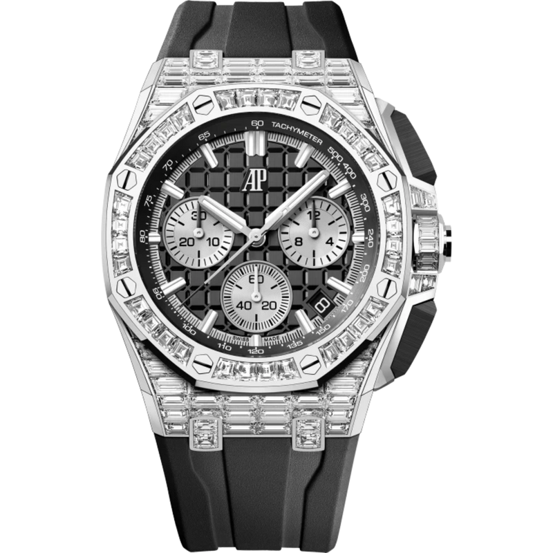 Royal Oak Offshore Selfwinding Chronograph 43MM Black Rubber Strap Black Dial With Méga Tapisserie Pattern 18-Carat White Gold Case and Bezel Set With Baguette-Cut Diamonds - Audemars Piguet