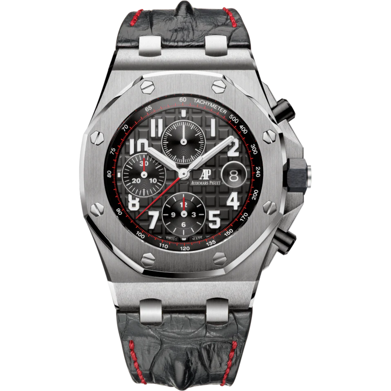 Royal Oak Offshore Chronograph 42MM Black Alligator Leather Hornback Strap Black Dial With Méga Tapisserie Pattern Stainless Steel Case - Audemars Piguet