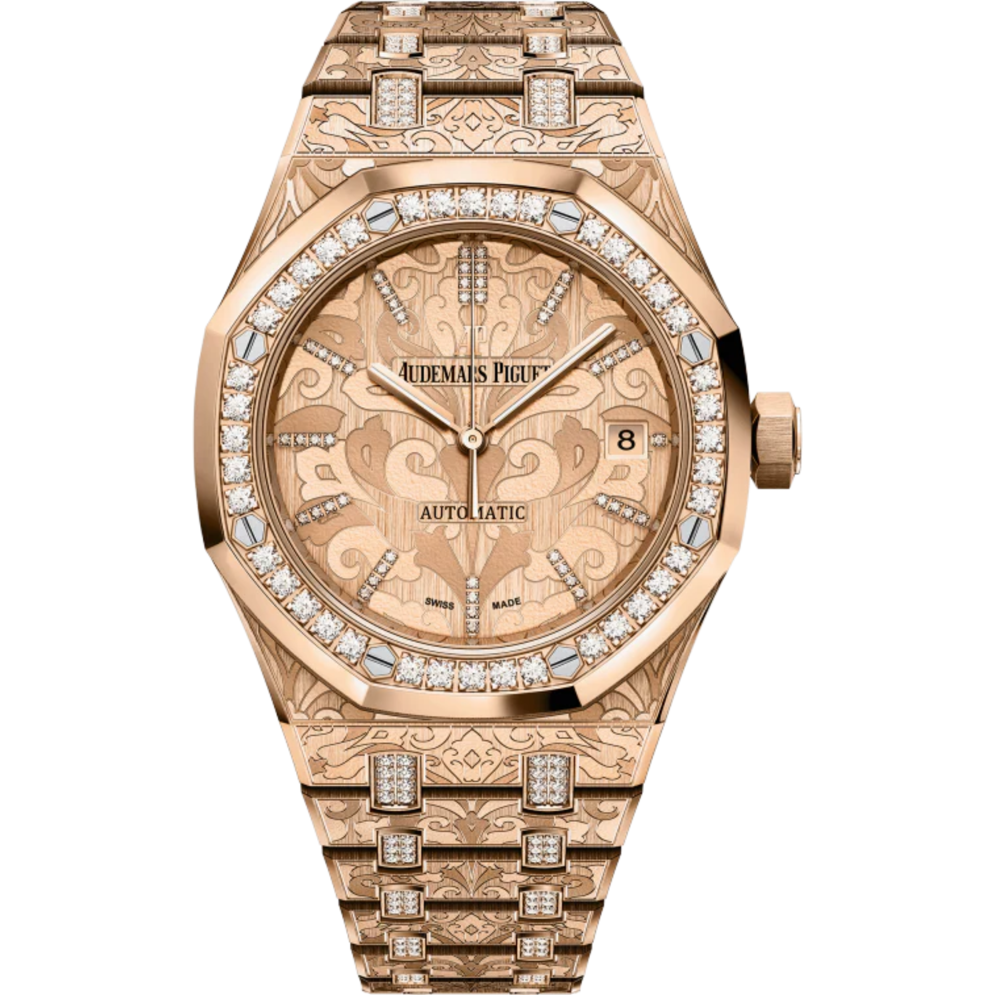 Royal Oak Selfwinding 37MM 18-Carat Pink Gold Bracelet 18-Carat Pink Gold Dial 18-Carat Pink Gold Case With Cashmere Engraving Pattern Diamond-Set Bezel - Audemars Piguet