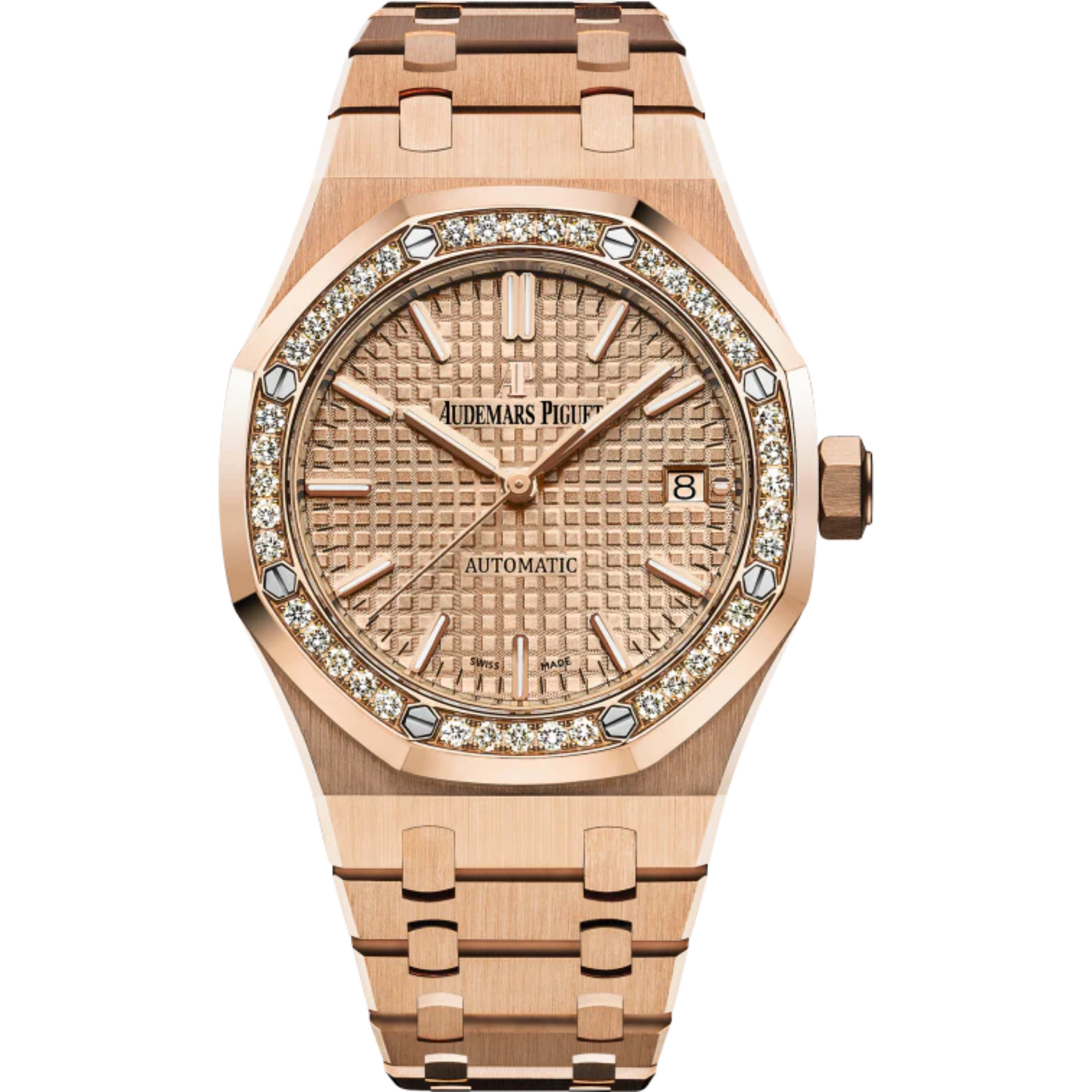 Royal Oak Selfwinding 37MM 18-Carat Pink Gold Bracelet Pink Gold-Toned Dial With Grande Tapisserie Pattern 18-Carat Pink Gold Case Diamond-Set Bezel - Audemars Piguet