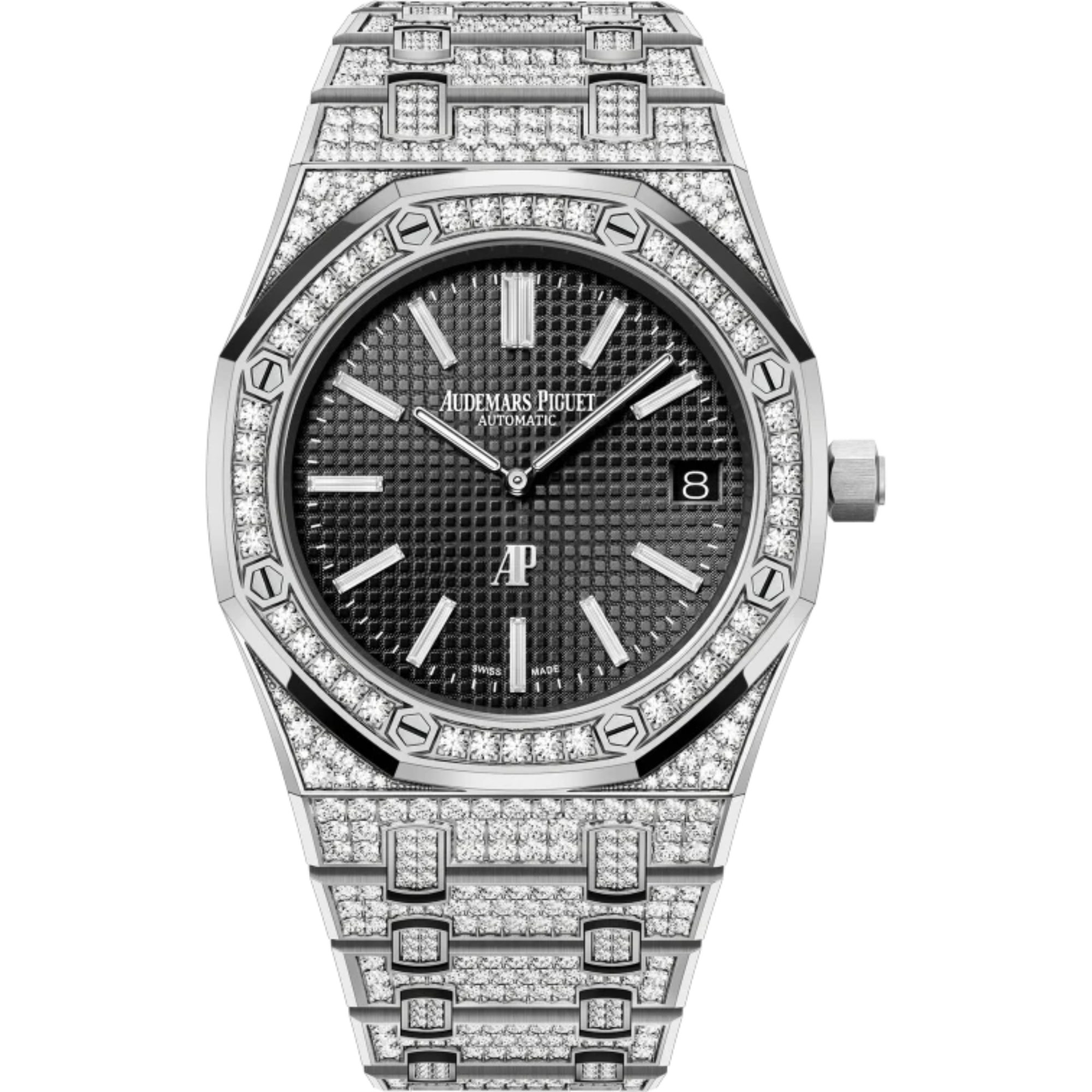Royal Oak Jumbo Extra-Thin 39MM Diamond-Set 18-Carat White Gold Bracelet Black Dial With Petite Tapisserie Pattern 18-Carat White Gold Case Set With Brillant-Cut Diamonds - Audemars Piguet