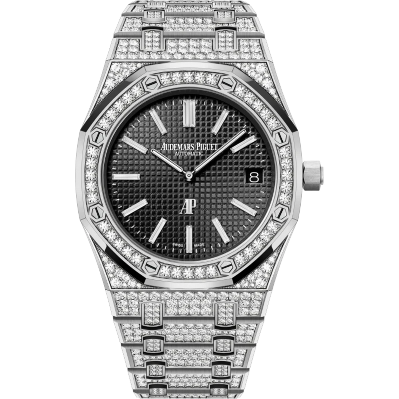 Royal Oak Jumbo Extra-Thin 39MM Diamond-Set 18-Carat White Gold Bracelet Black Dial With Petite Tapisserie Pattern 18-Carat White Gold Case Set With Brillant-Cut Diamonds - Audemars Piguet
