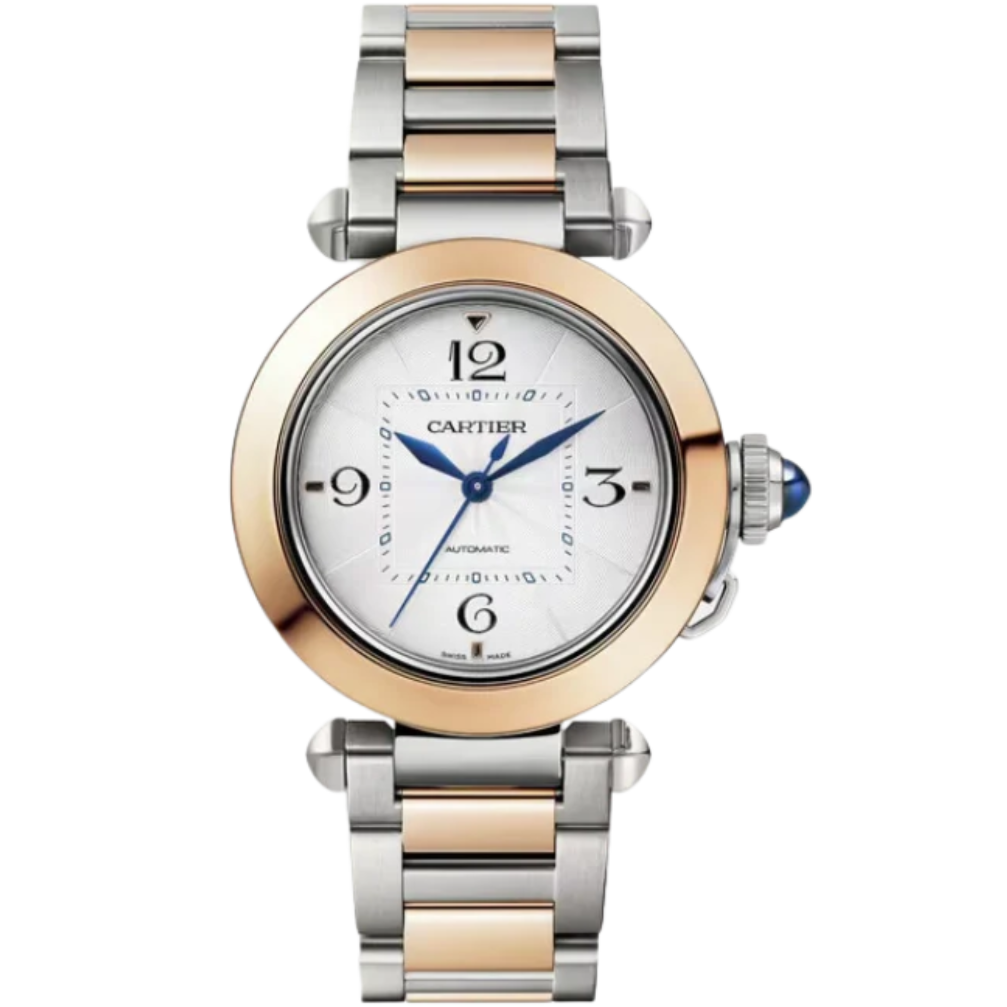PASHA DE CARTIER 35 MM STAINLESS STEEL WITH 18K ROSE GOLD BEZEL AND SILVER FLINQUE DIAL - Cartier