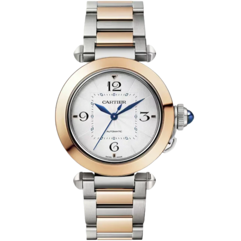 PASHA DE CARTIER 35 MM STAINLESS STEEL WITH 18K ROSE GOLD BEZEL AND SILVER FLINQUE DIAL - Cartier