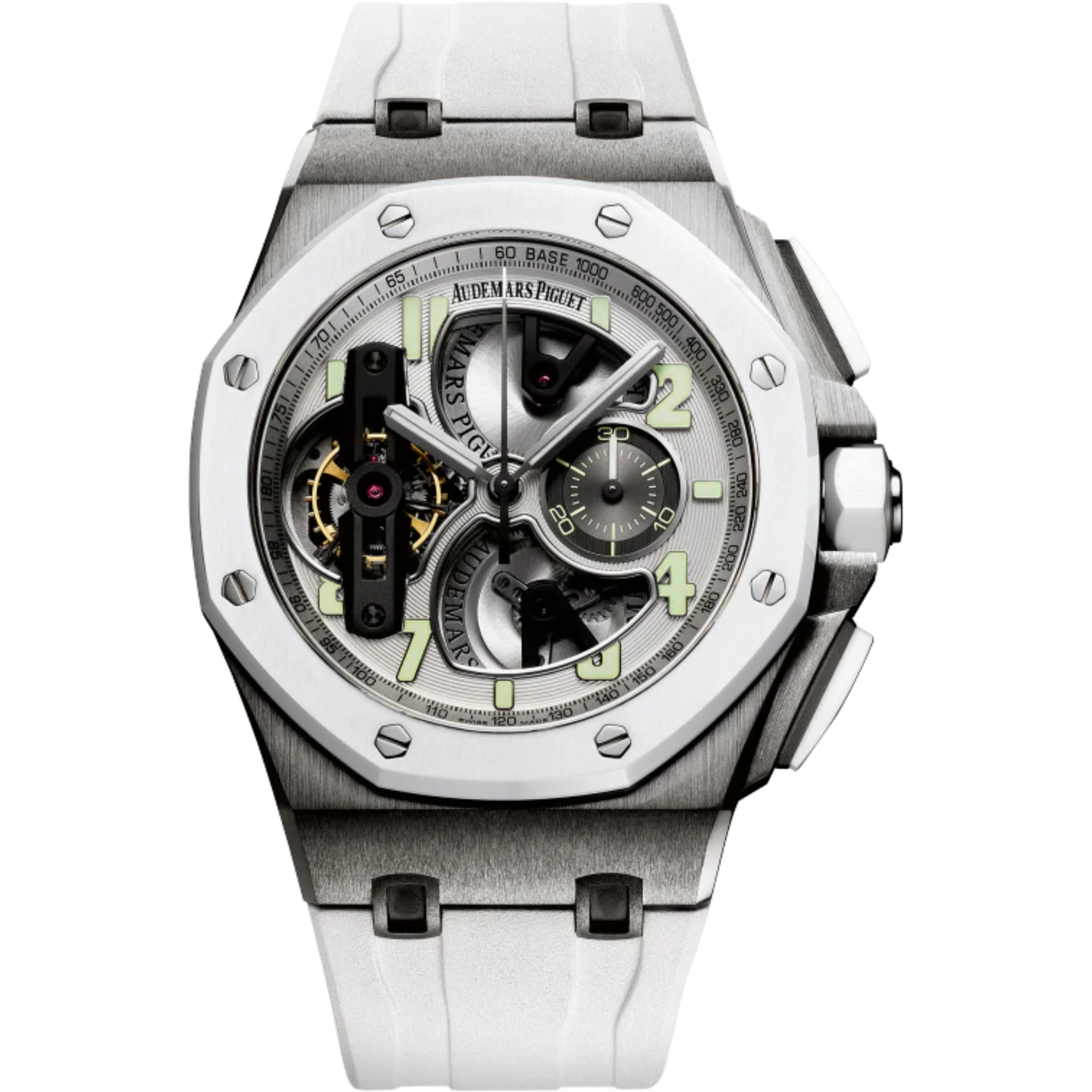 Royal Oak Offshore Tourbillon Chronograph 44MM White Rubber Strap Silver-Toned Dial Openworked at 6, 9 and 12 O’Clock, Black Counter Titanium Case White Ceramic Bezel - Audemars Piguet