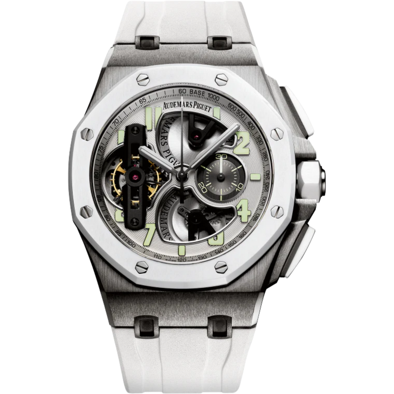 Royal Oak Offshore Tourbillon Chronograph 44MM White Rubber Strap Silver-Toned Dial Openworked at 6, 9 and 12 O’Clock, Black Counter Titanium Case White Ceramic Bezel - Audemars Piguet