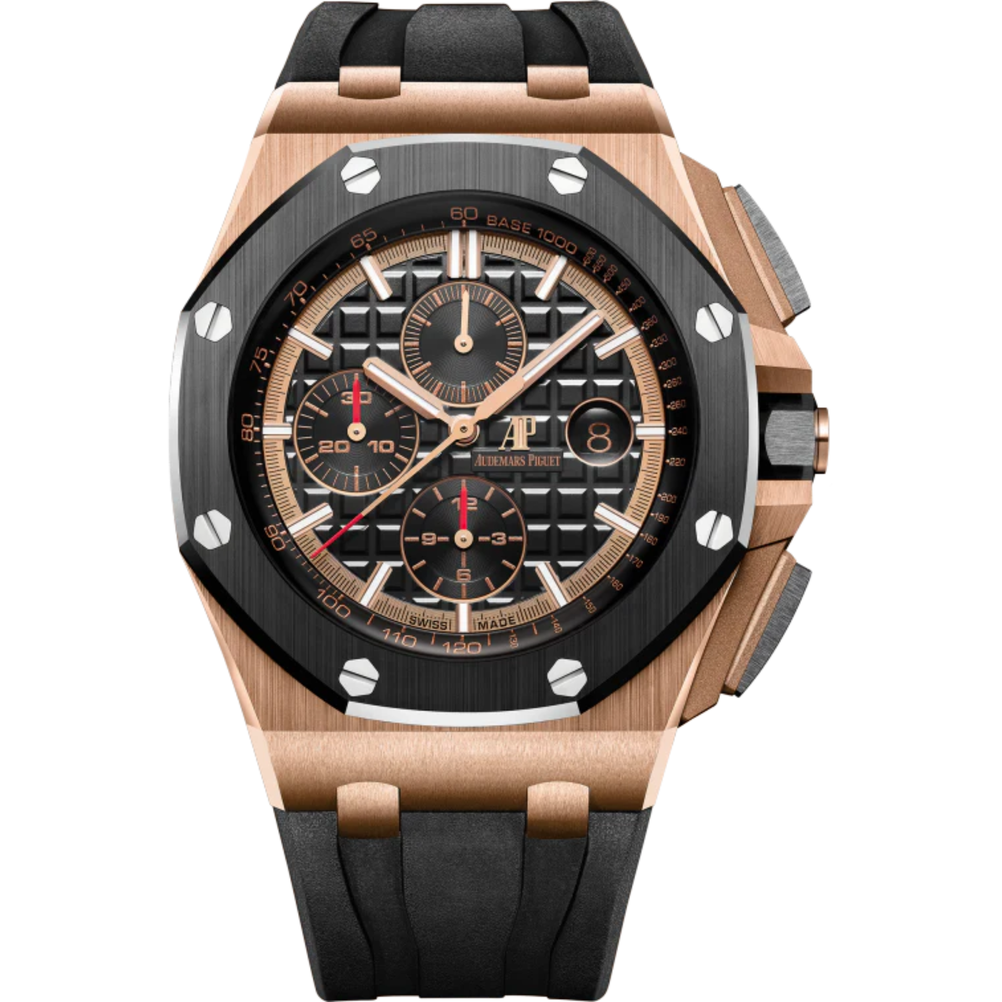 Royal Oak Offshore Selfwinding Chronograph 44MM Black Rubber Strap Black Dial With Mega Tapisserie Pattern 18-Carat Pink Gold Case Black Ceramic Bezel - Audemars Piguet